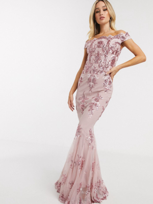 Goddiva Off Shoulder Embellished Sequin Dress In Rose Pink