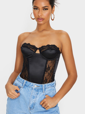 Black Lace Bandeau Satin Panelled Corset