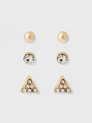 Ball, Stone And Triangle Earring Set 3ct - A New Day™ Gold/clear