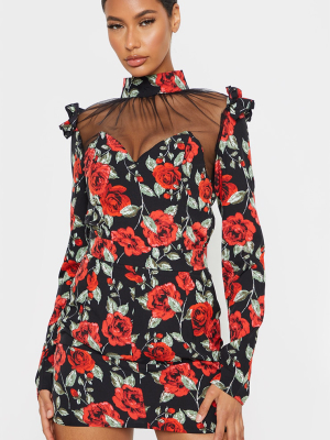 Black Rose Floral Print Frill Shoulder Mesh...