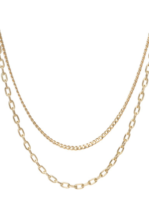 14k Small Curb Chain & Medium Square Oval Link Layered Necklace