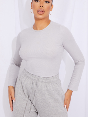 Grey Crew Neck Ribbed Long Sleeve Top