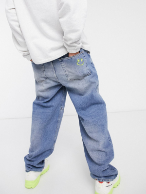 Asos Design Ultra Baggy Jeans In Mid Blue 90's Wash With Seam Details