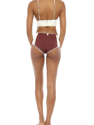 Shine Color Block High Waist Bikini Bottom - Rosewood Red/cream White