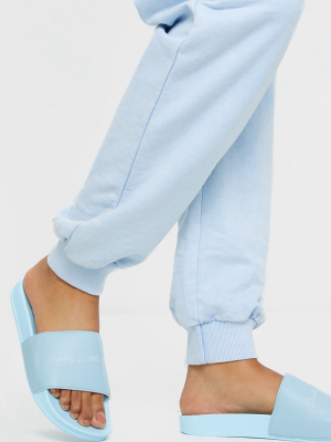 Prettylittlething Baby Blue Slogan Slides