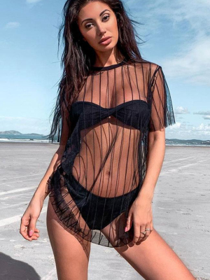 Striped Sleeved Sheer Mesh Cover Up