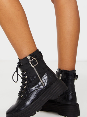 Black Double Sole Lace Up Buckle Biker Boot