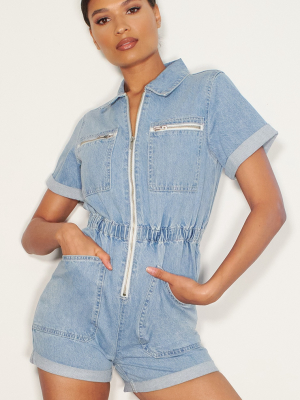 Mid Blue Wash Zip Front Denim Romper