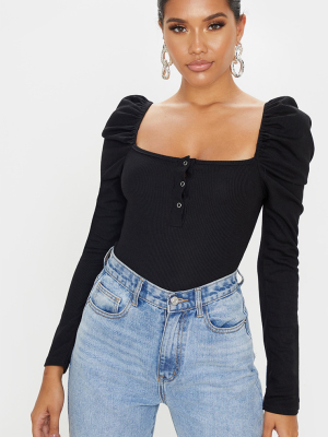 Black Rib Puff Long Sleeve Bodysuit