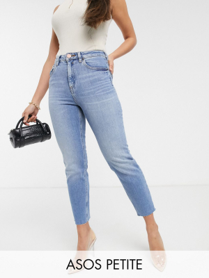 Asos Design Petite Farleigh High Waisted Slim Mom Jeans In Pretty Bright Mid Wash Blue With Raw Hem