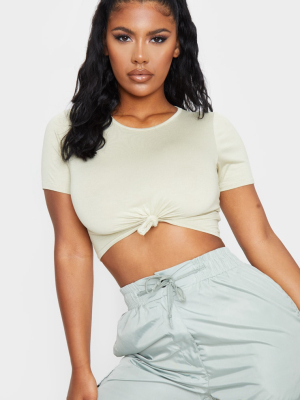 Pale Olive Jersey Knot Front Crop T Shirt