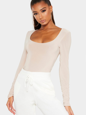 Sand Slinky Ruched Long Sleeve Bodysuit