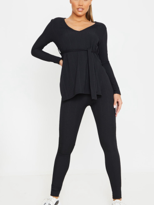 Black Rib Belted Top & Legging Set