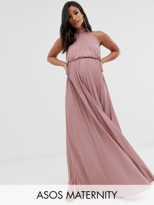 Asos Design Maternity Halter Pleated Waist Maxi Dress In Rose