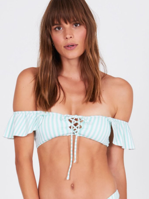 Audri Off Shoulder Lace Up Bandeau Bikini Top - Mint Green & White Stripe Print