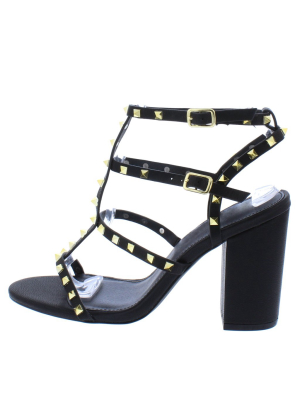 Jayleene057 Black Stud Caged Open Toe Chunky Heel