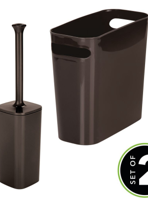 Mdesign 2 Piece Plastic Bathroom Trash Can, Toilet Bowl Brush Set - Dark Brown