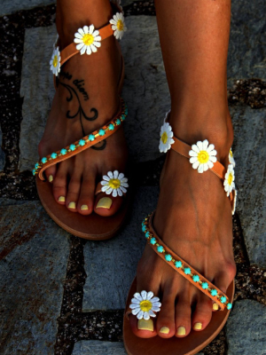 Boho Bead Daisy Embellished Flat Sandals