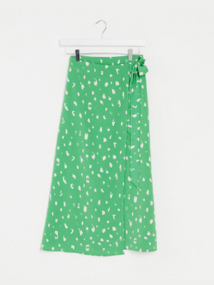 Monki Fran Wrap Polka Dot Midi Skirt In Green