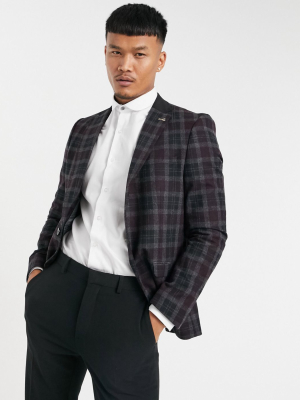 Shelby & Sons Slim-fit Suit Jacket With Contrast Lapel In Gray And Burgundy Plaid
