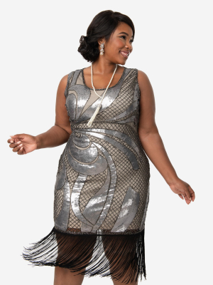 Unique Vintage Plus Size Beige & Silver Sequin Black Fringe Annecy Flapper Dress