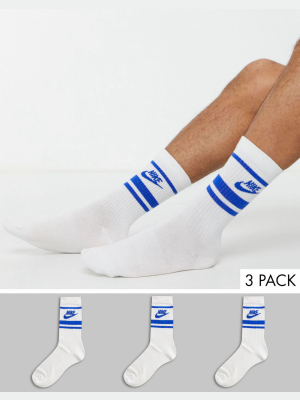 Nike Essential Stripe 3 Pack Socks In White With Blue Logo
