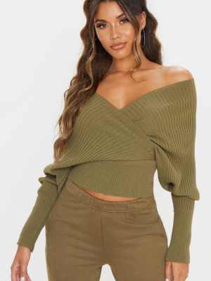 Khaki Wrap Off The Shoulder Sweater