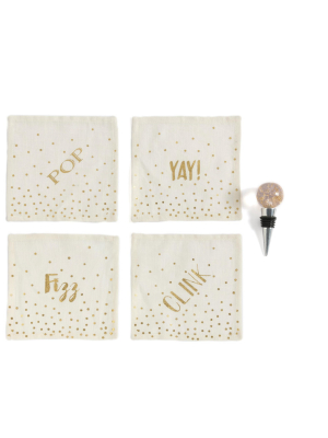 "pop Fizz Clink Yay" Set Of Four Cocktail Napkins And Bottle Stopper Gift Set - Off-white - Shiraleah