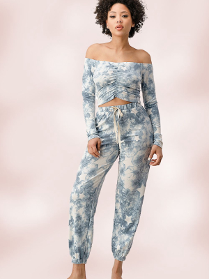 French Terry Tie Dyed Star Printed Off The Shoulder And Jogger Pants Set