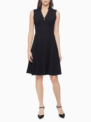 V-neck Zip Sleeveless A-line Dress