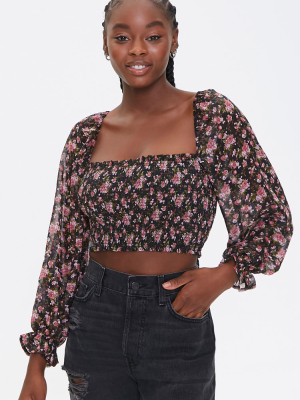 Smocked Floral Print Crop Top