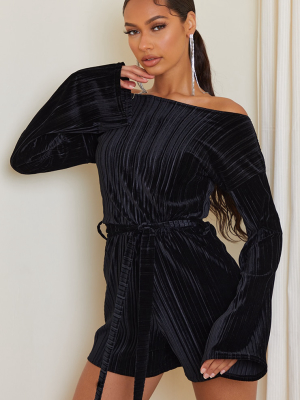 Black Plisse Velvet Flare Sleeve Playsuit