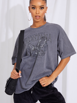 Charcoal Montana Logo Oversized Washed T Shirt