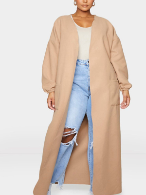 Plus Camel Balloon Sleeve Maxi Pocket Front Coat