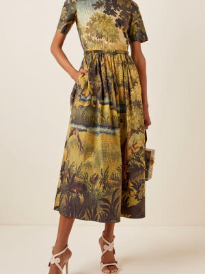 Belted Printed Cotton Midi Dress