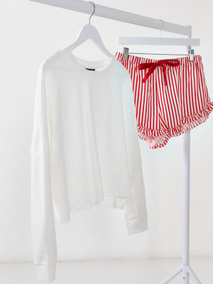 Asos Design Slouchy Sweat & Stripe Short Pajama Set In White & Red