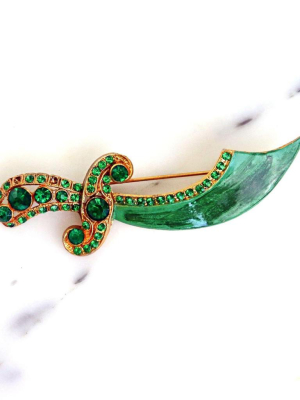 Vintage Green Enamel And Rhinestone Saber Brooch