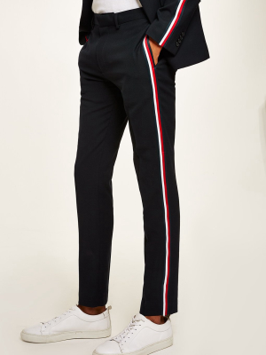 Navy Textured Skinny Suit Pants With Side Taping