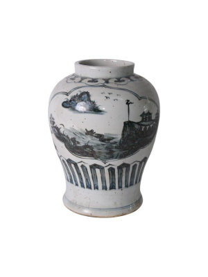 Landscape Medallion Open Top Jar, Blue And White