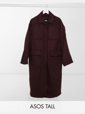 Asos Design Tall Collared Button Boyfriend Coat In Oxblood