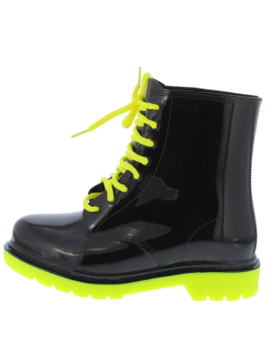 Drizzle02 Neon Yellow Black Two Tone Lace Up Rain Boot