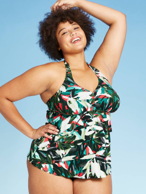 Women's Plus Size Ruffle Halter Tankini Top - Aqua Green® Black-coral