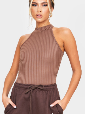 Chocolate High Neck Rib Sleeveless Bodysuit