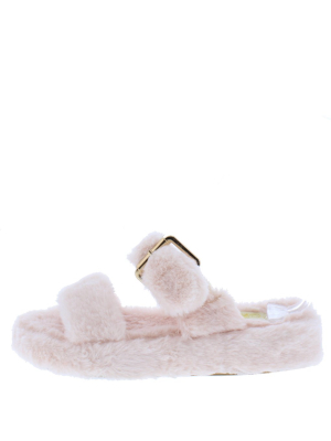 Cuddle2 Pink Faux Fur Open Toe Dual Strap Slide Sandal