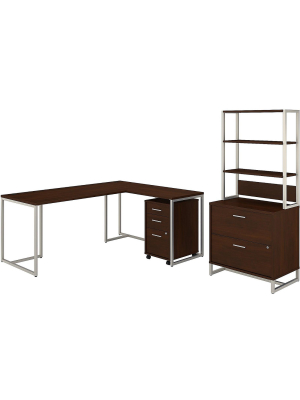 Office By Kathy Ireland Method 71 L-shaped Desk W/file Cabinets And Hutch, Century Walnut Mth027cwsu