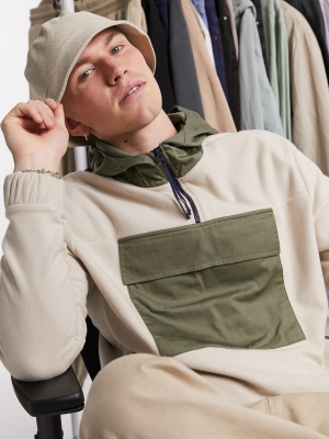 Asos Design Relaxed Polar Fleece Hoodie With Twill Panels In Khaki & Zip Neck