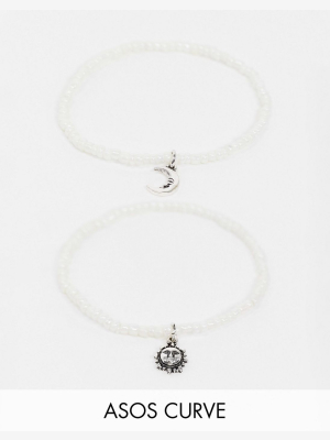 Asos Design Curve Pack Of Two Stretch Bracelets With Moon And Sun Charms With Pearl Beads