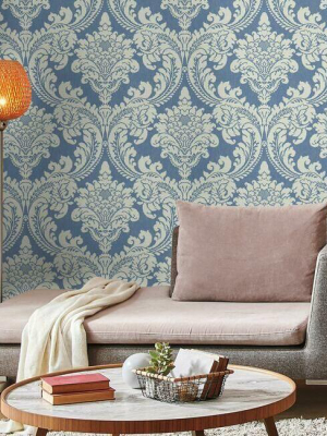 Tapestry Damask Wallpaper In Blue From The Grandmillennial Collection By York Wallcoverings