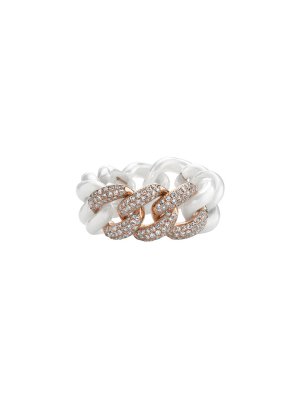 White Ceramic & Diamond Triple Link Ring - Rose Gold