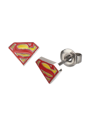 Dc Comics Superman Logo Stainless Steel And Epoxy Stud Earrings - Red/yellow